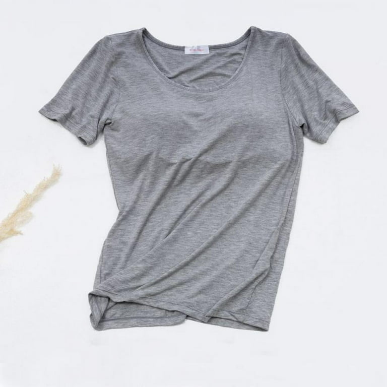 Women's Modal Padded Built-in-Bra T-Shirts Short-Sleeve Crew Neck Wireless  Bra Tops Tee Plus Size - Gray 