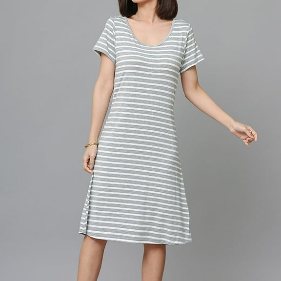 Women's Modal Padded Nightgown Mid-Length Sleepshirt - Lightweight Striped Sleepwear with Comfort Bra for Plus Size Home Lounge Gray