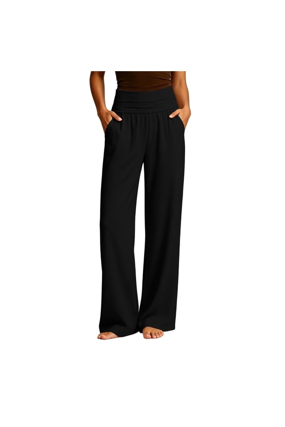 Women's Modal Palazzo Pants Wide Leg High Waisted Lounge Casual Beach Pants with Pockets Black XS(XS)