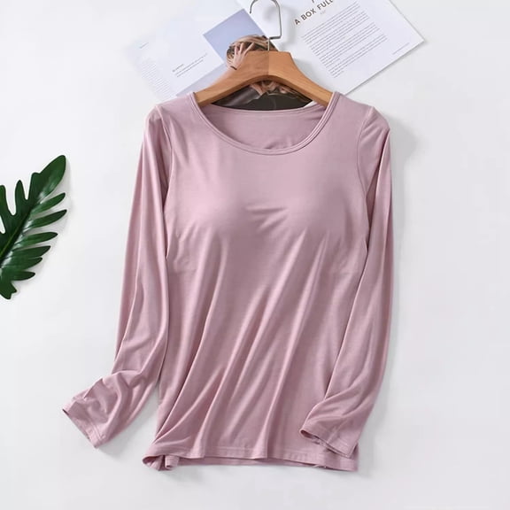 Women's Modal T Shirt Built-in Bra Padded Casual Tops, Long Sleeve Crew Neck Shirts Wireless Soft Pajama Sleepwear Stretchy Shirts Comfy Blouse Shirts, M-3XL