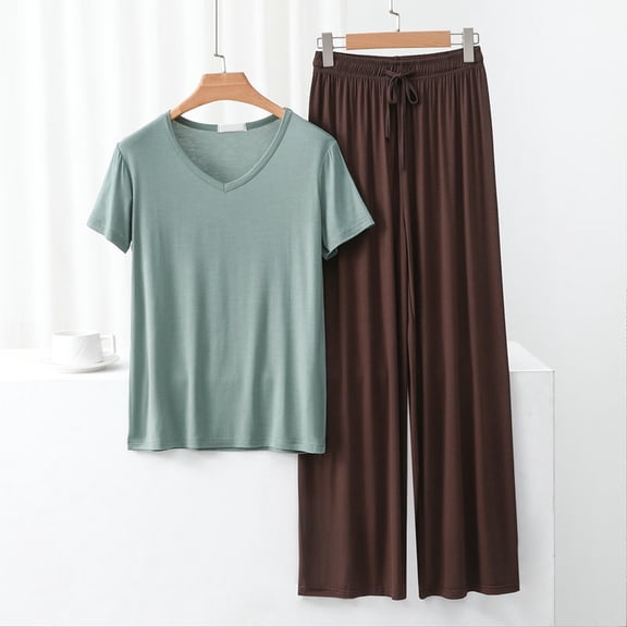 Women's Modal V-Neck Short Sleeve Pajama Set Lounge Two Piece Outfit - Soft Breathable Long Pants Sleepwear for Home Comfort Navy