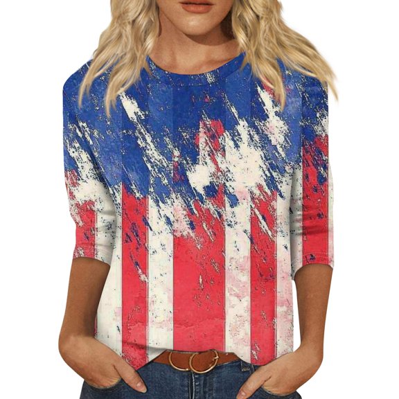 Women's Modern Abstract Independence Day Element Print 3/4 Sleeve T-Shirt, Casual Round Neck Loose Fit Top for Weekend Outings, Premium Cotton Blend & Tag-Free Comfort,Blue L