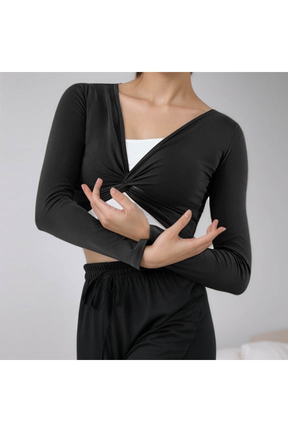 Women's Modern Dance Practice Wrap Top Long Sleeve Ballet Flower Shawl Figure Versatile Tunic Blouse, M, Black
