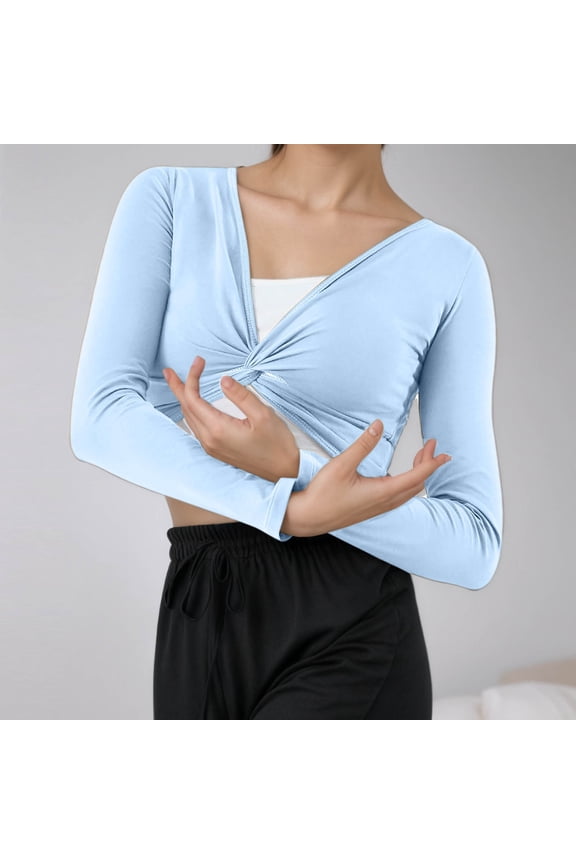 Women's Modern Dance Practice Wrap Top Long Sleeve Ballet Flower Shawl Figure Versatile Tunic Blouse, M, Light Blue