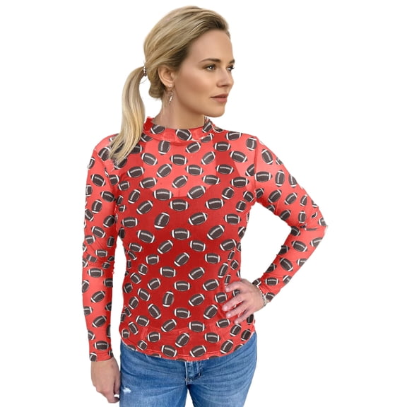 Women's Modern Red Game Day Rugby Mesh Sheer Long Sleeve Top | XL