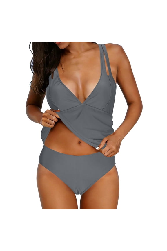 Women's Modest 2 Piece Tankini Set V Neck Spaghetti Strap Wrap Top with Adjustable Back Tie Beach Bathing Suit (2XL, Gray)