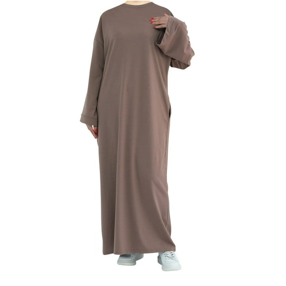 Women's Modest Abaya Muslim Dress Solid Color Full Length Prayer Robe Overall Hijab Thobe Crewneck Abaya Dress