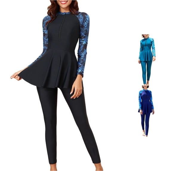 Women's Modest Swimsuit 2-Piece Set Long Sleeve Rash Guard with Pants Conservative for Pool and Beach Wear