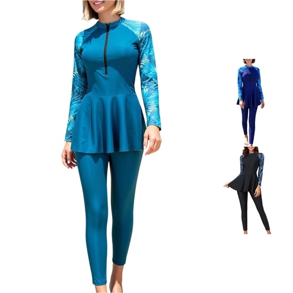 Women's Modest Swimsuit 2-Piece Set Long Sleeve Rash Guard with Pants Conservative for Pool and Beach Wear