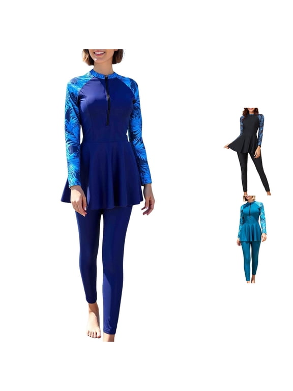Women's Modest Swimsuit 2-Piece Set Long Sleeve Rash Guard with Pants Conservative for Pool and Beach Wear