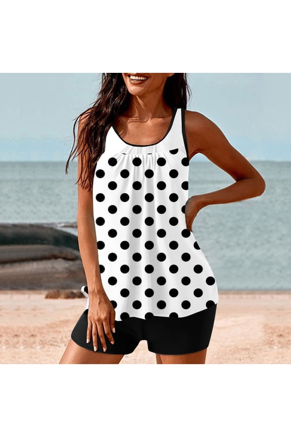 Women's Modest Swimdress Two Piece Set Strappy Back Print Swimsuits with Removable Padded Bra High Waist Shorts for Beach Pool Summer