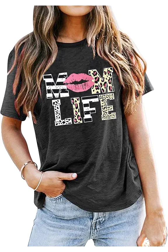 Women's Mom Life Graphic T-Shirt Leopard Print Pink Lips Retro Casual Short Sleeve Tee Mother's Day Gift Idea