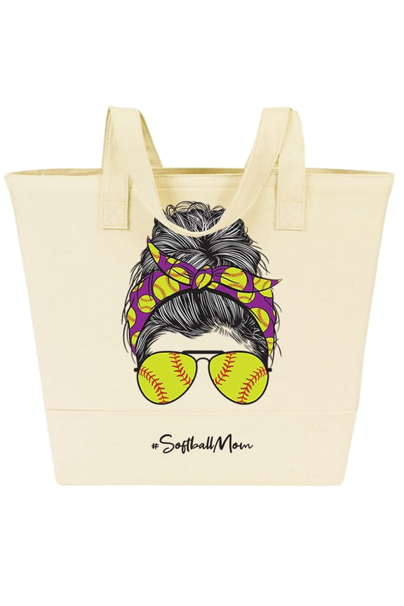Women's Mom Life Tote Bags - 100% Recyclable and Reusable Cotton Canvas, Softball Natural