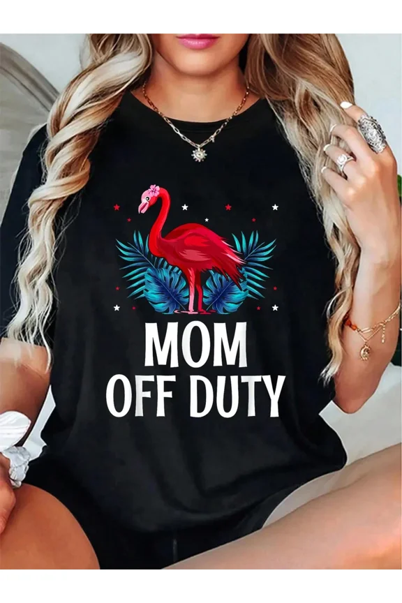 Women's Mom Off Duty Tropical Flamingo Graphic T-Shirt - Retro Summer Vacation Short Sleeve Tee - Funny Mother's Day Apparel