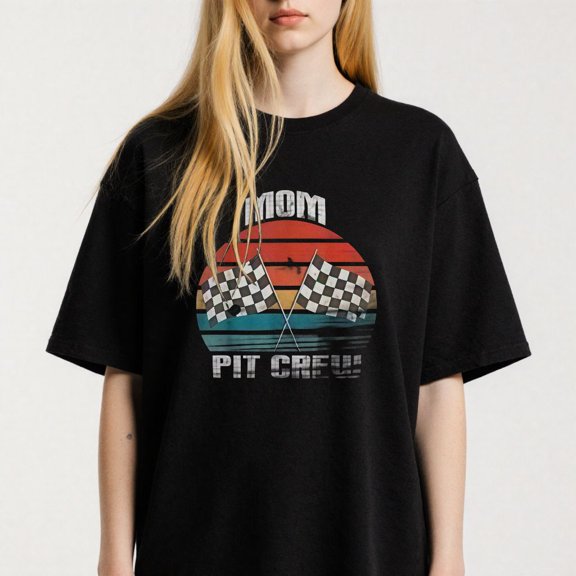 Women's Mom Pit Crew Retro Racing Flag Graphic T-Shirt S-4XL Mother's Day Gift