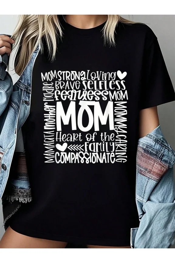 Women's Mom Strong Loving Brave Graphic T-Shirt Mother's Day Gift Tee