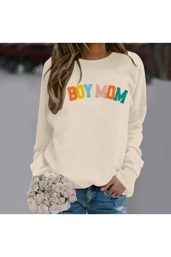 Women's Mom Sweatshirt: Mom Life Long Sleeve Alphabet Print Embroidered Round Neck Pullover Hoodie Jackets Jacket Active Wear Women Ladies Sweatshirts with Hoods Light Hoodies Women Pullover Casual