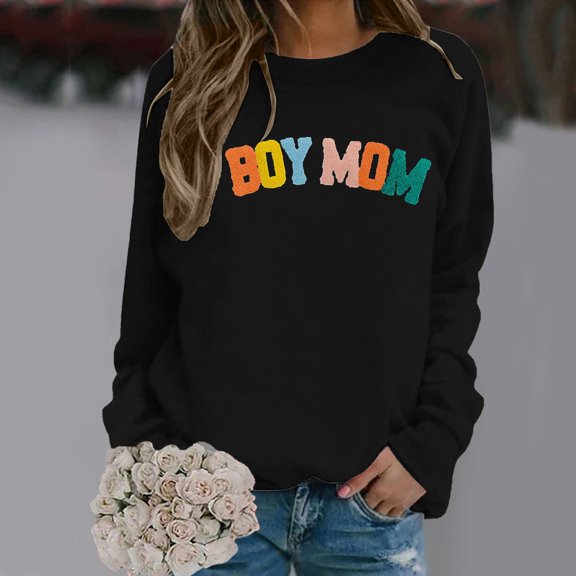 Women's Mom Sweatshirt: Mom Life Long Sleeve Alphabet Print Embroidered Round Neck Pullover Hoodie Jackets Jacket Active Wear Women Ladies Sweatshirts with Hoods Light Hoodies Women Pullover Casual