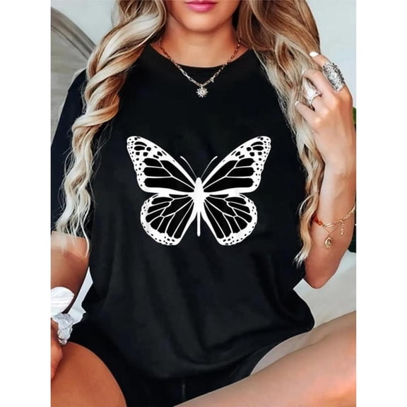 Women's Monarch Butterfly Graphic Cotton T Shirt Casual Comfortable Short Sleeve Round Neck Top Black S-5XL