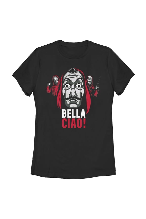 Women's Money Heist Bella Ciao Masked Criminals  Graphic Tee Black Medium