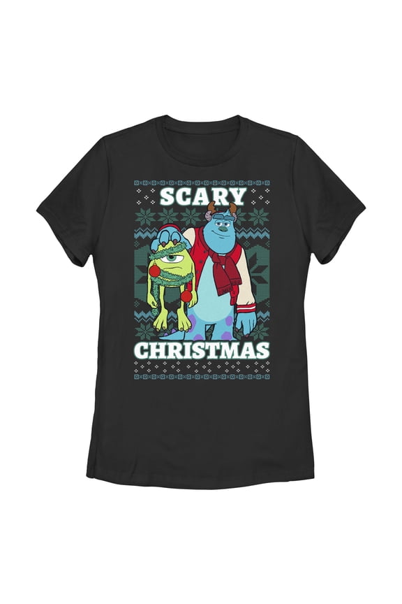 Women's Monsters Inc Monsters Inc. Mike and Sully Scary Christmas Graphic Tee Black Medium