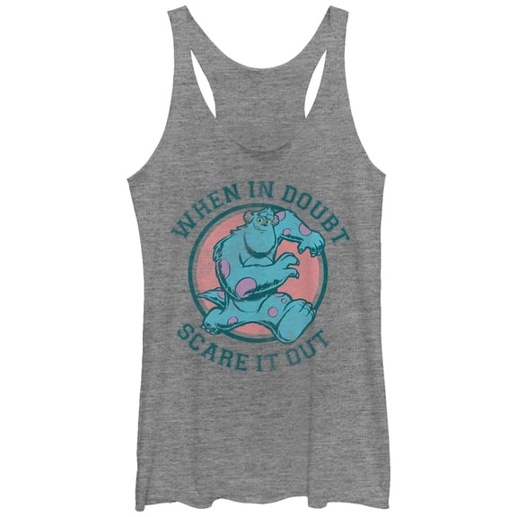 Women's Monsters Inc Sulley in Doubt Scare it Out  Racerback Tank Top Gray Heather Large