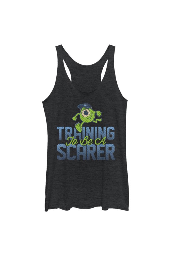 Women's Monsters Inc Training to be a Scarer Racerback Tank Top Black Heather Small