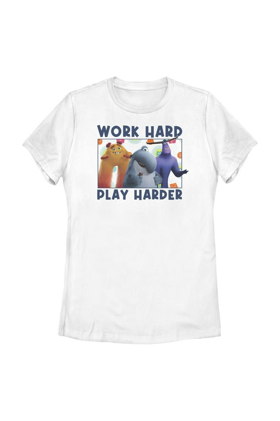 Women's Monsters at Work Work Hard Play Harder Graphic Tee White 2X Large