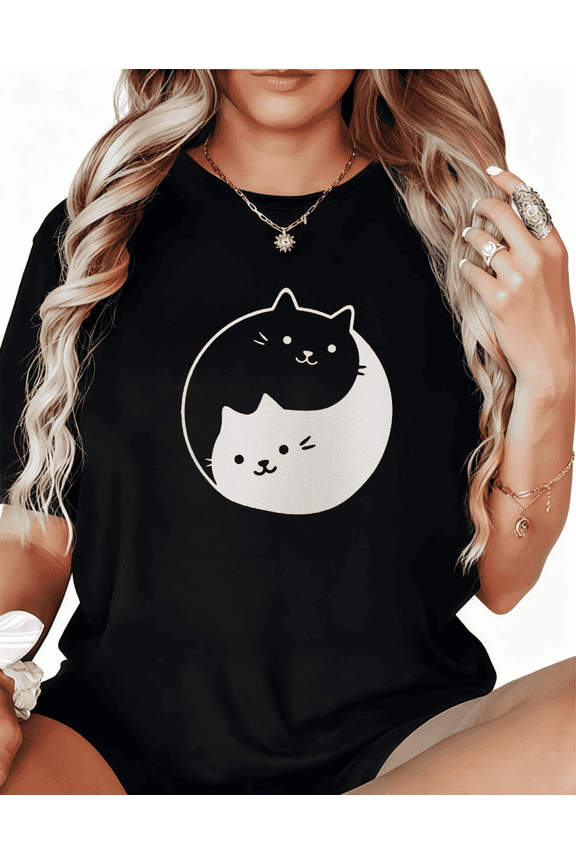 Women's Moon Cat Duo Tee Casual Top Minimalist Feline Graphic Breathable Short Sleeve Round Neck Black S-5XL
