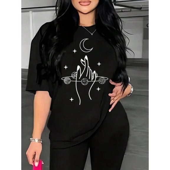 Women's Moon Hand Print Tee Drop Shoulder Short Sleeve Round Neck Breathable Cotton Top Black S-5XL