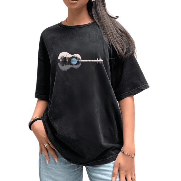 Women's Moon Lake Landscape Graphic Comfortable Washed T Shirt Casual Top Cotton Black S-2XL Plus Size