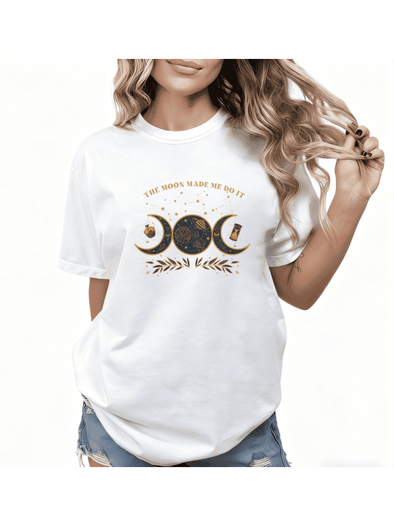 Women's "Moon Made Me Do It" Comfortable Tee Casual Top Celestial Graphic Short Sleeve Round Neck White S-5XL