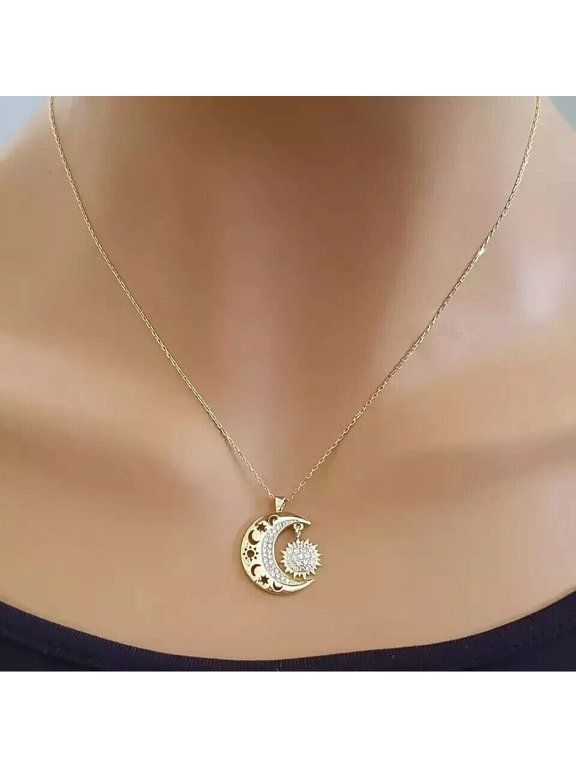 Women's Moon Pendant Round Cut 1.50Ct Lab Created Diamond 14K Yellow Gold Plated 18''