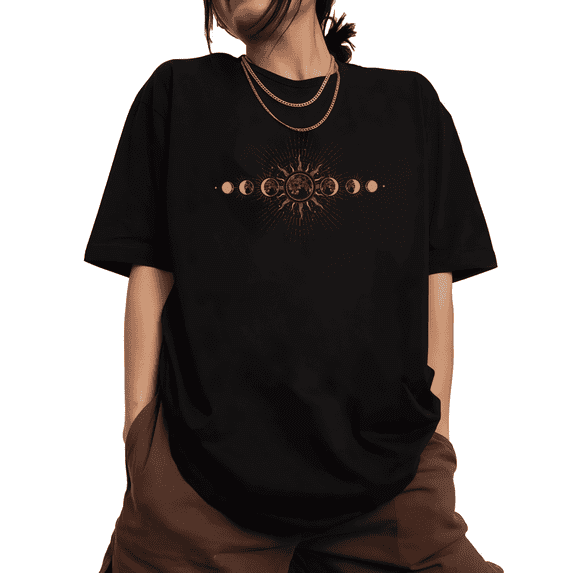Women's Moon Phase Cotton Tee Casual Top Celestial Graphic Breathable Short Sleeve Round Neck Black S-5XL