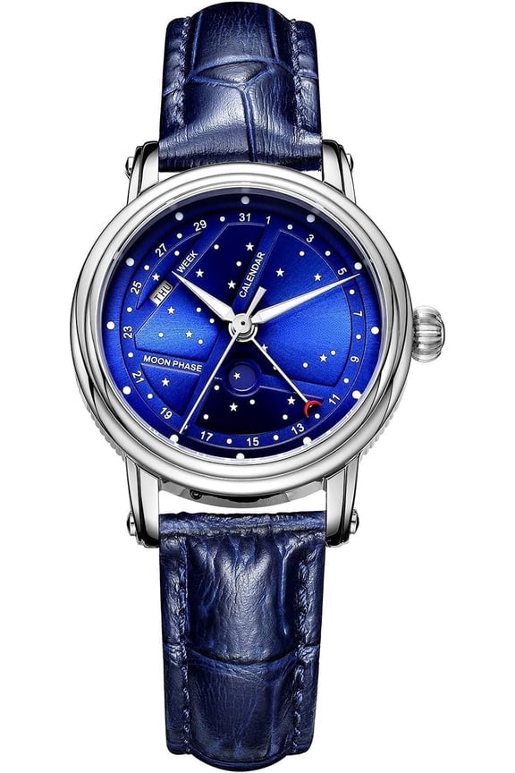 Women's Moon Phase Watch - Blue Dial, , Luminous Hands, Leather Strap, Luxury Dress Wristwatch with Calendar & Moon Phase Display for Ladies R0108L