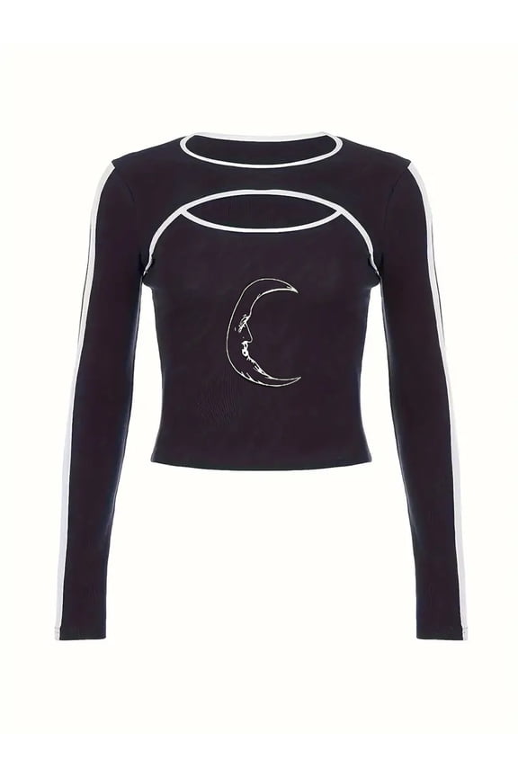 Women's Moon Print Cutout Long Sleeve Crop Top Black Slim Fit Ribbed Knit Streetwear T-Shirt