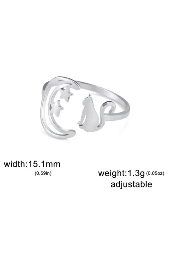 Women's Moon Star Cat Ring Stainless Steel Animal Open Finger Rings Jewelry