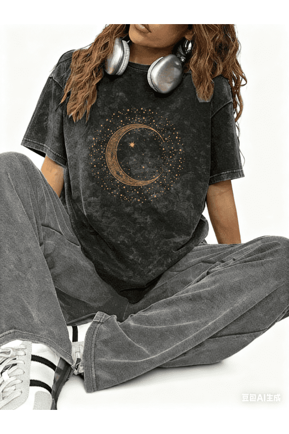 Women's Moon Star Graphic Breathable Washed T Shirt Casual Top Comfortable Black S-2XL Plus Size