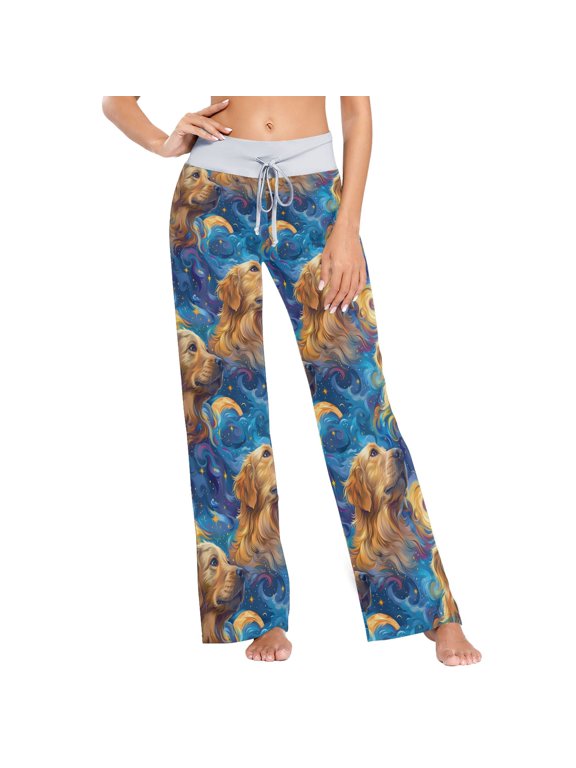 Women's Moon Stars White Cloud Comfy Stretch Wide Leg Pajama Pants, Drawstring Waist Casual Lounge Pants