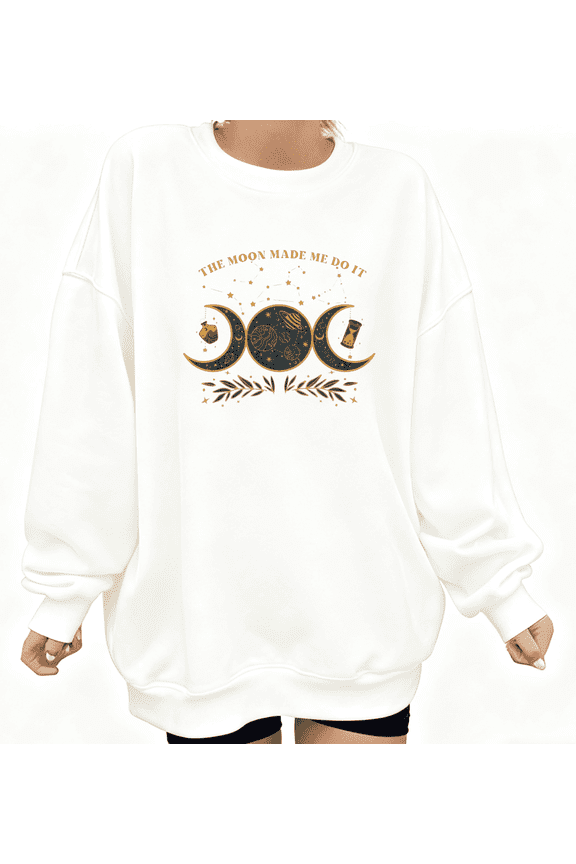Women's Moon Theme Slogan Printed Cotton Round-neck Long-sleeved Sweatshirt White S-3XL