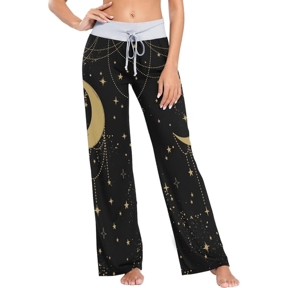 Women's Moon and Stars Black Pajama Pants, Casual Pajama Bottoms Lounge Pants Wide Leg