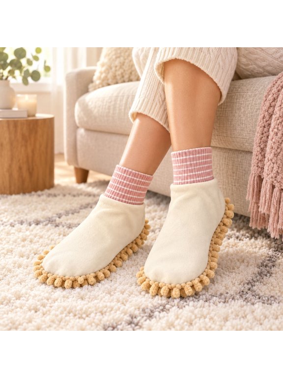 Women's Mop Slipper Socks, One Pair of Soft Fringe Floor Cleaning Socks for Indoor Hard Floor Dusting, Everyday Household Cleaning and Home Care Routines