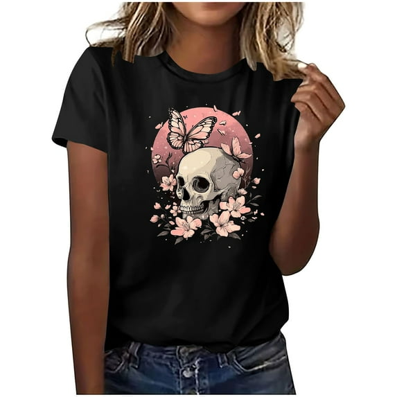 Women's Morbid Floral Skull Tee - Vintage Sugar Skull Graphic T-Shirt | Plus Size Loose Fit Gothic Tops for Women & Teens
