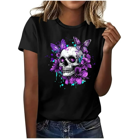 Women's Morbid Floral Skull Tee - Vintage Sugar Skull Graphic T-Shirt | Plus Size Loose Fit Gothic Tops for Women & Teens