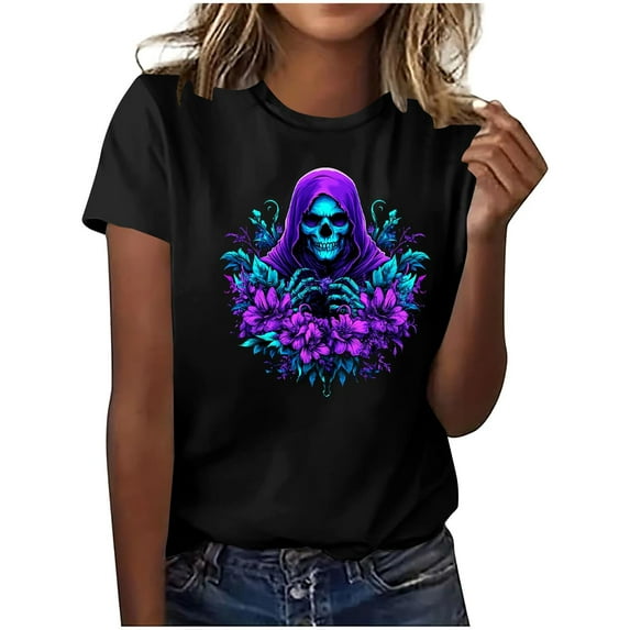 Women's Morbid Floral Skull Tee - Vintage Sugar Skull Graphic T-Shirt | Plus Size Loose Fit Gothic Tops for Women & Teens