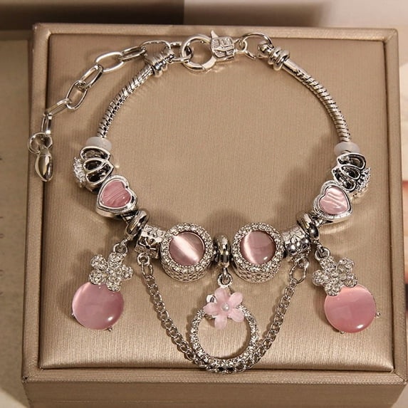 Women's Mori Style Pink Cat's Eye Cute Flowers Pendant Bracelet
