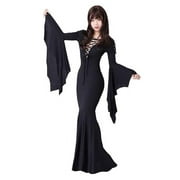 Women's Morticia Addams Floor Dress Costume Sexy Black Gothic Witch Vintage Dress