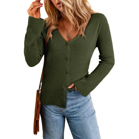 Women's Moss Green Lightweight Ribbed Knit Button Front V Neck Cardigan for Daily Wear - [ZhiHiMeRi] | 2XL