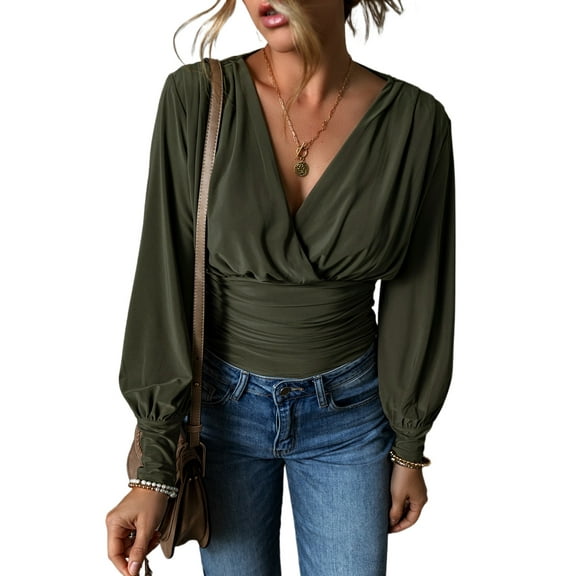Women's Moss Green Ruched Wrap V Neck Long Sleeve Bodysuit - [ZhiHiMeRi] | (US 12-14)L
