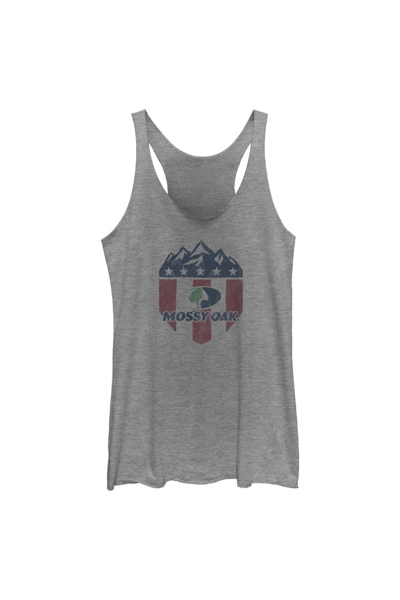 Women's Mossy Oak American Flag Shield Logo Racerback Tank Top Gray Heather Medium